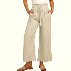 Linen Pants High Waist Drawstring Casual Wide Leg Capri Palazzo Pockets Coastal